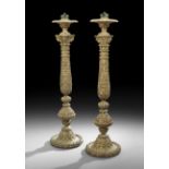 Pair of Italian Carved Giltwood Floor Lamps, ca. 1900, in the neoclassical taste, each vasiform