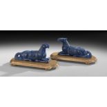 Pair of Chinese Carved Lapis Lazuli Horses, late 19th/early 20th century, the two recumbent horses