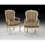 Pair of Italian Creme-Peinte and Parcel-Gilt Fauteuils, late 18th century, each with a curved,