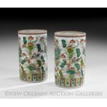 Pair of Chinese Famille Verte Porcelain Cylindrical Vases, Qing Dynasty (1644-1911), 19th/20th