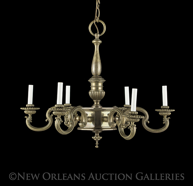 Baroque-Style Patinated Bronze Six-Light Chandelier, second half 20th century, the segmented stem