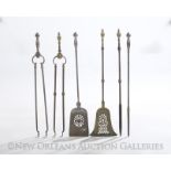 Two Sets of Fireplace Tools, an American brass set with urn finials, ca. 1900, in the Federal style,