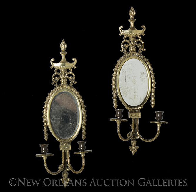 Pair of French Mirrored and Gilt-Bronze Two-Light Sconces, ca. 1900, in the Renaissance Revival