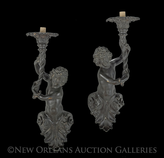 Pair of Italian Patinated Bronze Single-Light Sconces, fourth quarter 19th century, in the Baroque