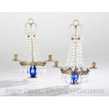 Near Pair of Glass, Bronze and Marble Two-Light Candelabra in the Swedish/Russian Style, mid-20th