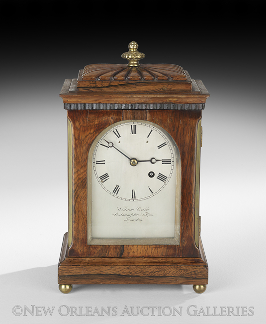 Unusually Small Regency Carved Rosewood Bracket Clock, second quarter 19th century, London, the