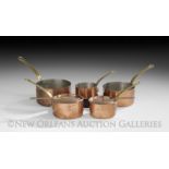 Five-Piece Collection of French Heavy Copper Cookware, 20th century, with brass handles, two with