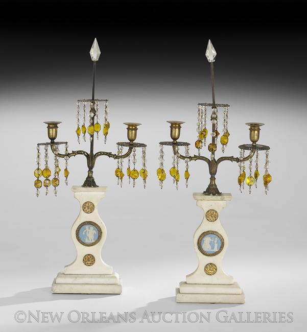 Unusual Pair of Marble, Bronze and Stoneware Two-Light Candelabra, fourth quarter 19th century,