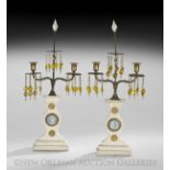 Unusual Pair of Marble, Bronze and Stoneware Two-Light Candelabra, fourth quarter 19th century,