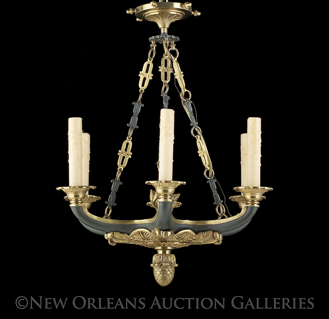 Empire-Style Patinated and Gilt-Lacquered Bronze Six-Light Chandelier, of small size, with cast