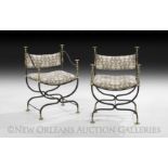 Pair of Continental Wrought Iron and Brass Curule Armchairs, early 20th century, of traditional