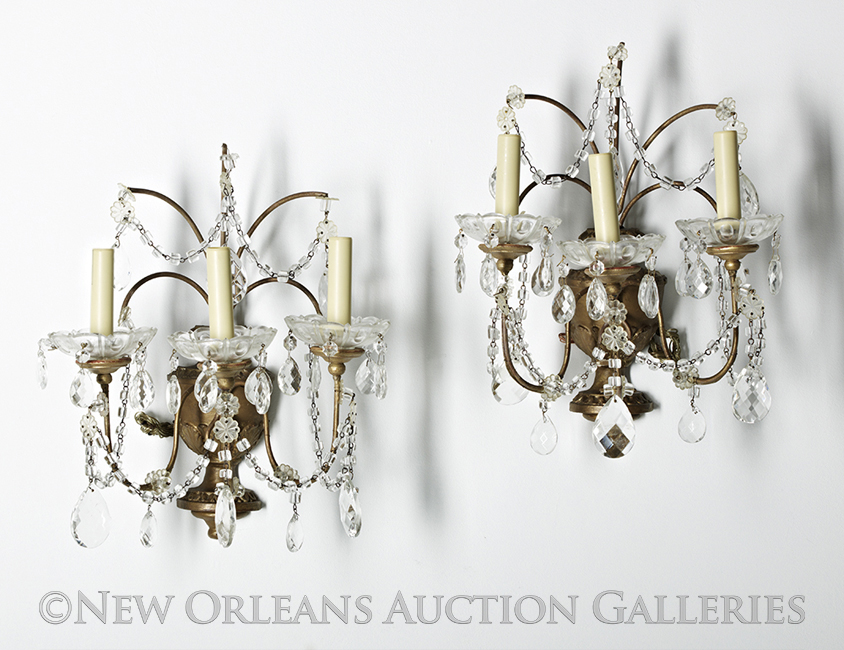 Pair of Italian Giltwood, Glass and Metal Three-Light Sconces, second quarter 20th century, on