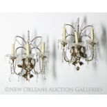 Pair of Italian Giltwood, Glass and Metal Three-Light Sconces, second quarter 20th century, on