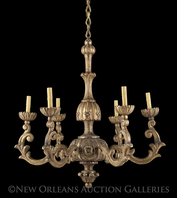 Italian Baroque-Style Giltwood Six-Light Chandelier, the segmented, reeded and carved standard