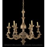 Italian Baroque-Style Giltwood Six-Light Chandelier, the segmented, reeded and carved standard