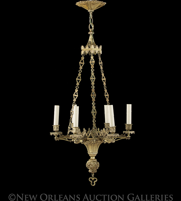 French Gothic Revival Gilt-Bronze Chandelier, third quarter 19th century, with a leaf-molded pendant