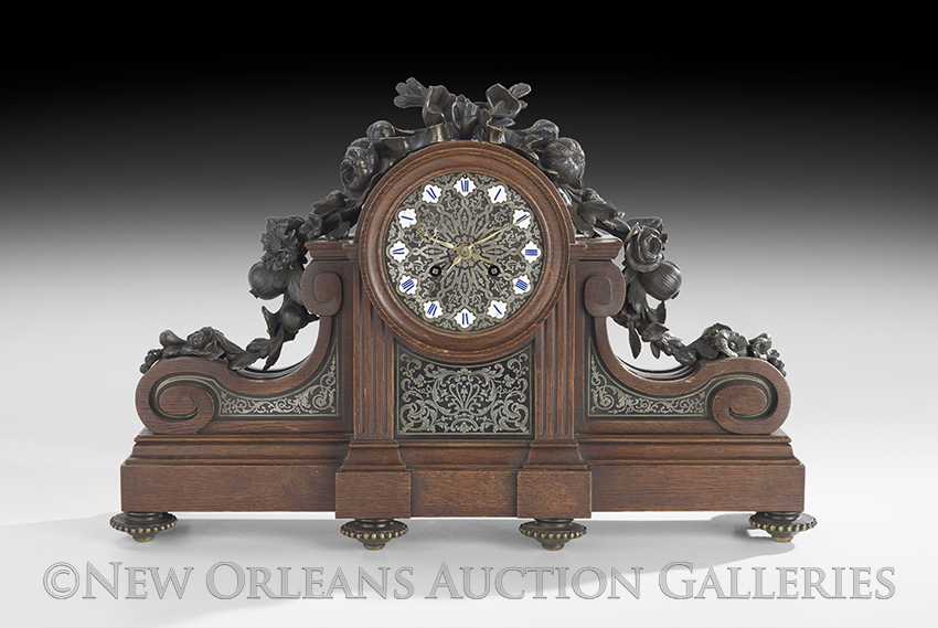 French Oak and Patinated Bronze Mantel Clock of Louis XIV Inspiration, third quarter 19th century,