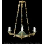 Small Empire-Style Gilt-Lacquered Bronze and Verdigris-Painted Six-Light Chandelier, the bowl