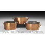 Three French Heavy Hammered Copper Ragout Pots, 19th century, with dovetail construction, h. 8" to