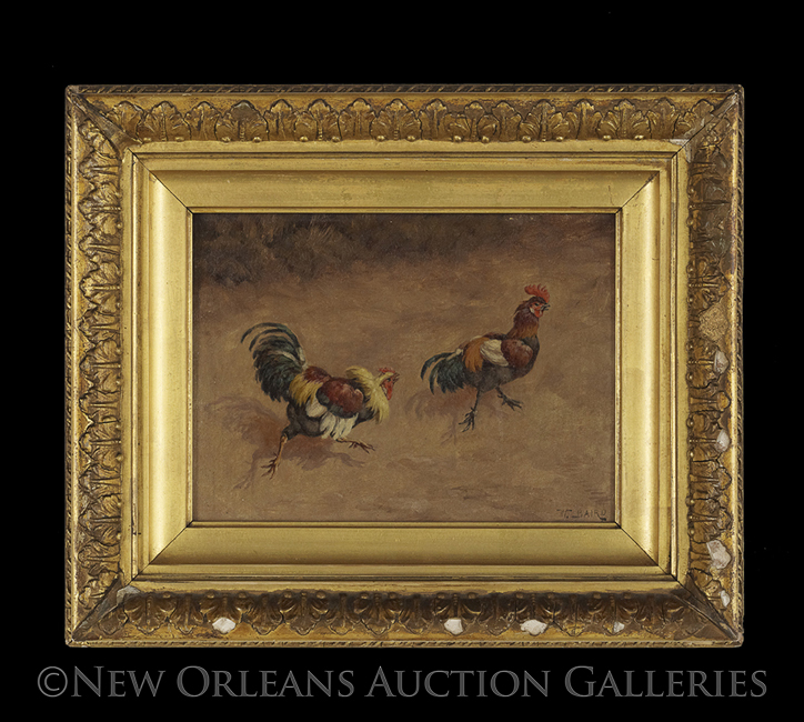 William Baptiste Baird (American, 1847-1917), "Fighting Cocks", group of four oils on board, each - Image 5 of 12