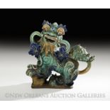 Chinese Pottery Roof Tile Finial, probably Ming Dynasty (1368-1644), the foo dog with a pair of