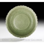 Fine Chinese Longquan Celadon Charger, Ming Dynasty (1368-1644), the pale green-glazed dish with