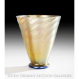 Gold Iridescent Aurene Glass Swirled Vase, Corning, New York, the flaring and swirled vase marked "