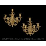 Pair of French Gilt-Bronze Five-Light Sconces, in the Napoleon III taste, the pierced shield-form