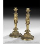 Exceptional Pair of Napoleon III Gilt-Bronze Candlesticks, third quarter 19th century, in the