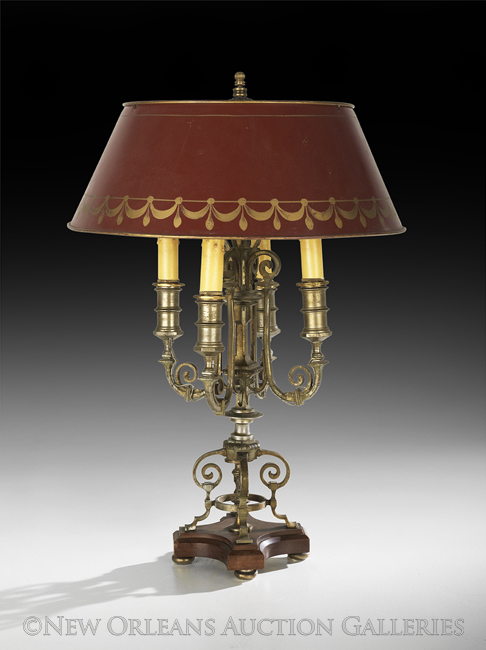 French Silvered Bronze, Wood and Tole Peinte Four-Light Bouillotte Lamp, first quarter 20th century,