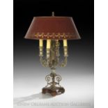 French Silvered Bronze, Wood and Tole Peinte Four-Light Bouillotte Lamp, first quarter 20th century,