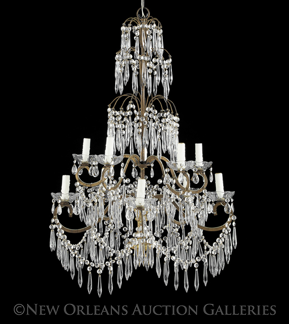 Swedish/Russian Neoclassical-Style Prism-Hung Giltwood and Iron Ten-Light Chandelier, the stem