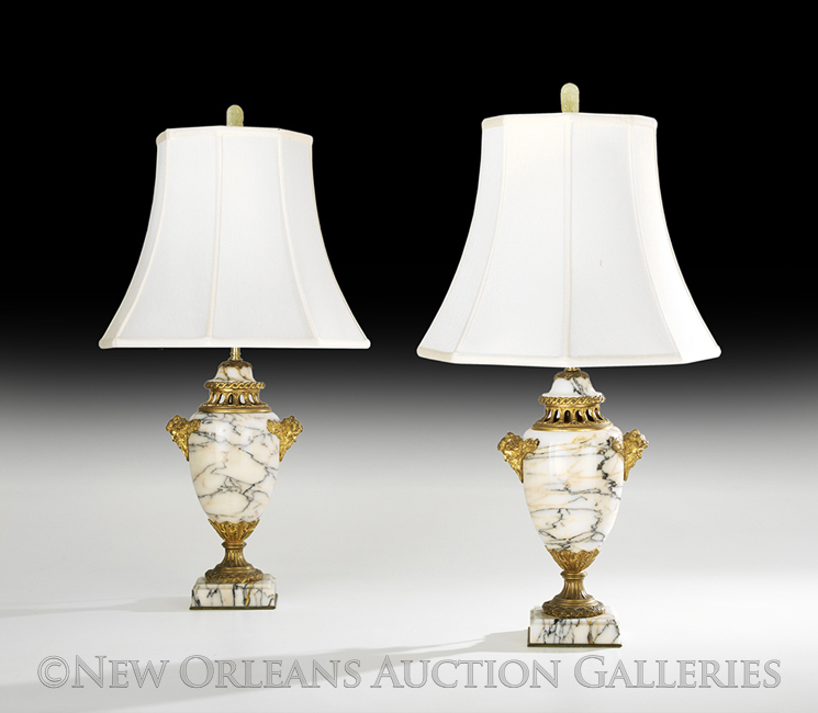 Pair of French Marble and Bronze Lamps in the Neoclassical Taste, first quarter 20th century,