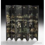 Chinese Six-Panel Coromandel Screen, 20th century, the black lacquer folding screen with one side