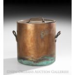 French Heavy Copper Stock Pot, ca. 1900, of cylindrical form, with brass handles, h. 17-1/4", dia.