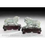 Pair of Chinese Carved Jade Foo Dogs on Stands, Qing Dynasty (1644-1911), late 19th/early 20th