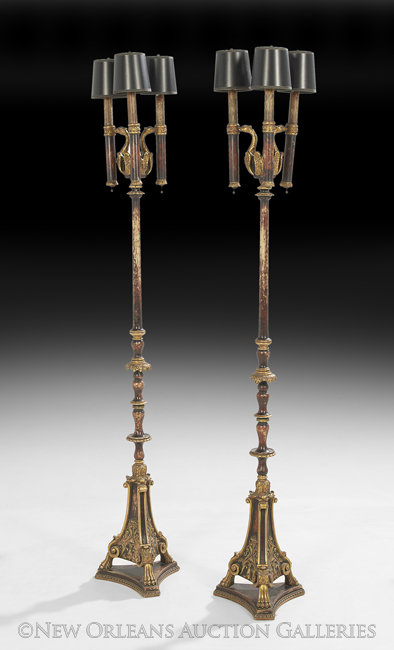 Pair of Italian Neoclassical-Style Parcel-Gilt and Polychrome Wood Torcheres, early 20th century,