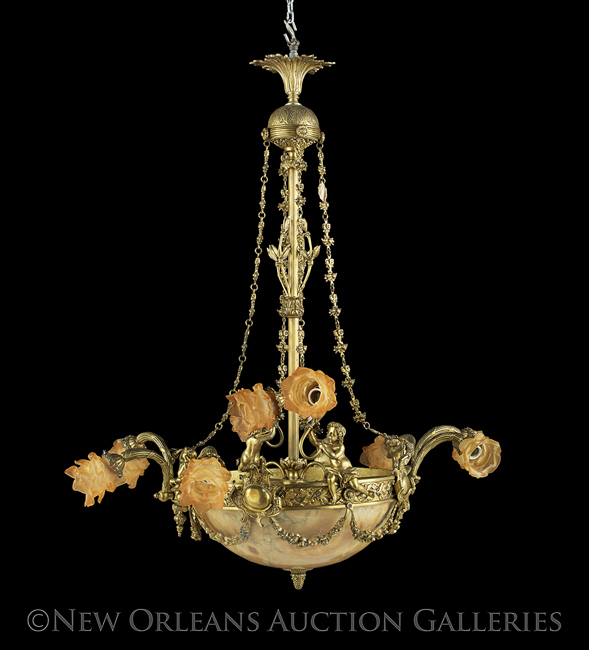 Renaissance-Inspired Gilt-Lacquered Bronze, Brass and Alabaster Twelve-Light Chandelier, early