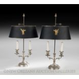 Pair of French Silvered-Bronze Two-Light Bouillotte Lamps, first quarter 20th century, in the