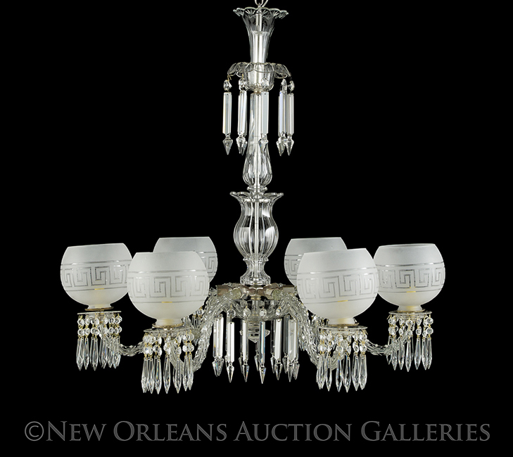 Victorian Cut Glass Six-Light Chandelier, late 19th century, with diamond-cut arms and draped with a