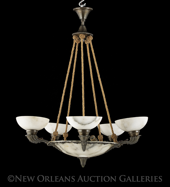 Empire-Style Alabaster and Gilt- and Patinated Bronze Six-Light Chandelier, the figured stone bowl