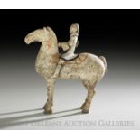 Chinese Painted Gray Pottery Equestrian Figure, Han Dynasty (206 BC-220 AD), the figure of a cavalry