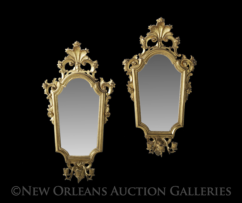 Pair of Venetian Giltwood and Mirrored Three-Light Sconces, mid-19th century, set with three-