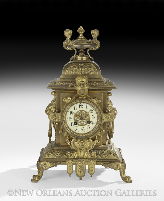 French Gilt-Bronze Mantel Clock of Louis XIV Inspiration, fourth quarter 19th century, resting on