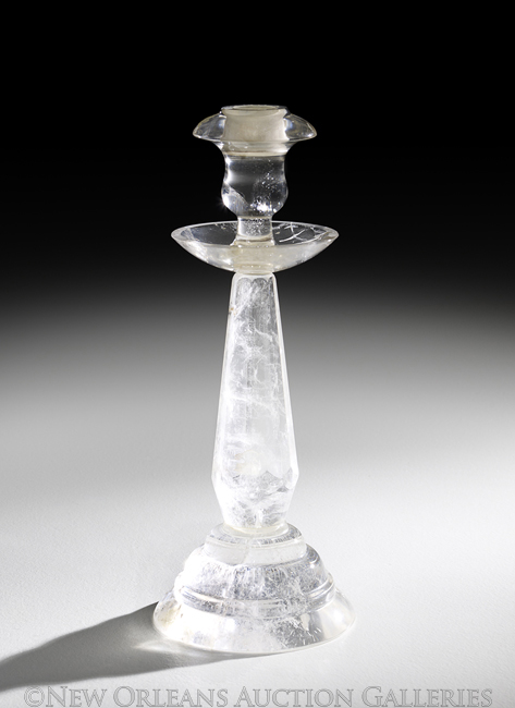 Continental Rock Crystal Candlestick, 20th century, on a stepped base, with a tapered and faceted
