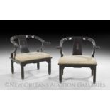 Pair of Shanghai Deco-Style Ebonized Round-Back Armchairs, with brass fittings and seat cushions, h.