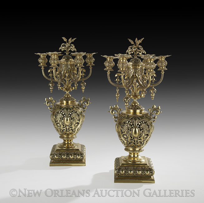 Unusual Pair of English Polished Bronze Six-Light Candelabra, fourth quarter 19th century, of