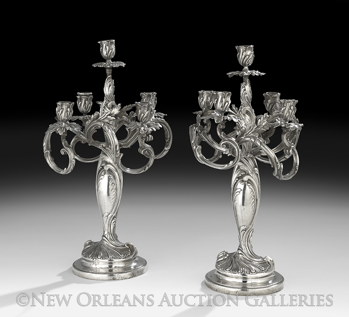 Good Pair of French Bronze Argente Candelabra, fourth quarter 19th century, in the rococo taste,