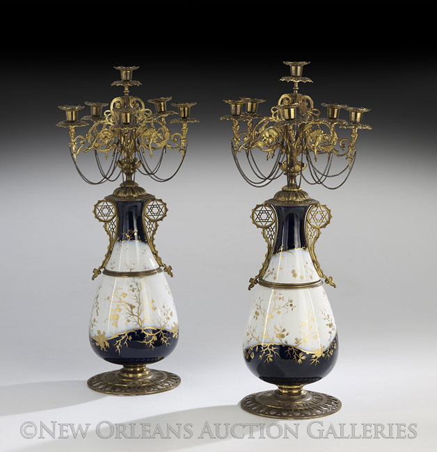 Pair of Unusual Franco-Bohemian Porcelain and Gilt-Bronze Six-Light Candelabra, fourth quarter
