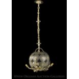 Unusual Spherical Polished Brass Four-Light Chandelier of Orientalist Influence, the spherical